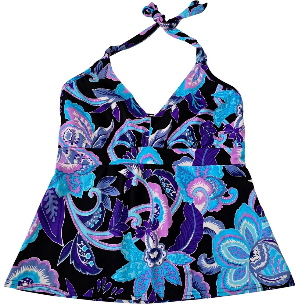 Venus Women Size 16 Tankini Swim Top Black Blue Purple Floral Paisley Halter